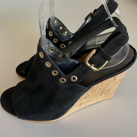 Stuart Weitzman Open Toe Slingback Wedge Sandal Eyeliner Black Suede Gro… - Picture 4 of 7